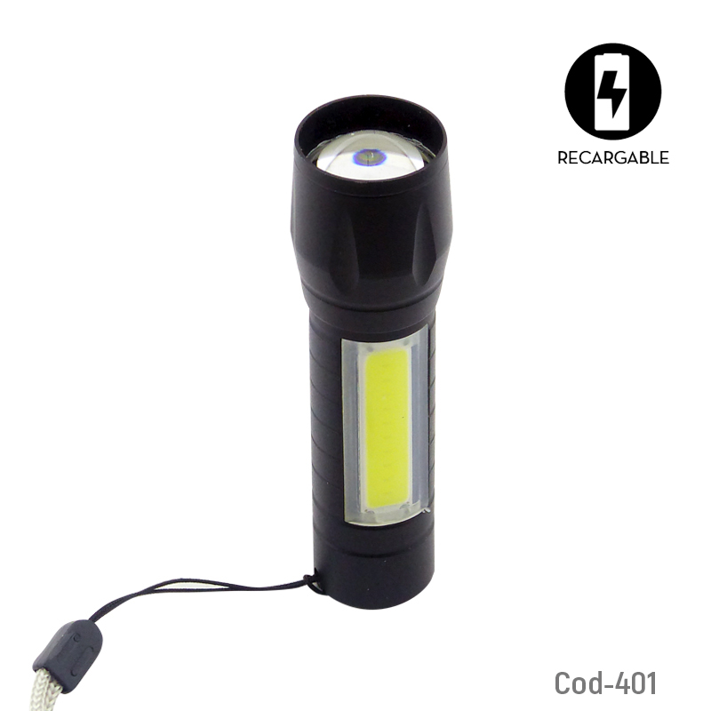 Linterna 1+1 LED Mini Tactica Metalica, Con Zoom, Recargable USB. En Caja.