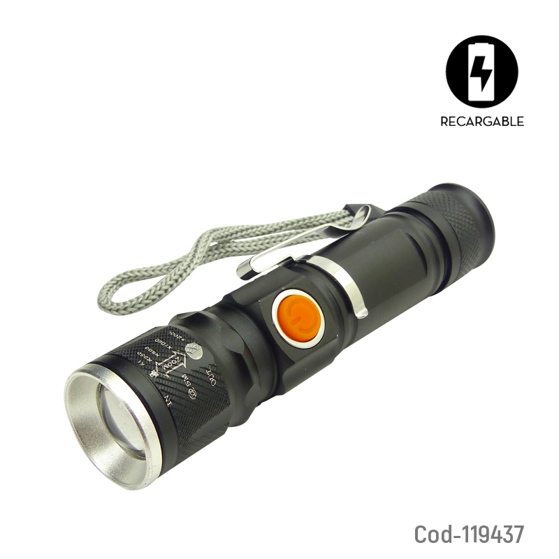 Linterna LED Tactica, USB Recargable, Con Zoom, De Metal, En Caja.